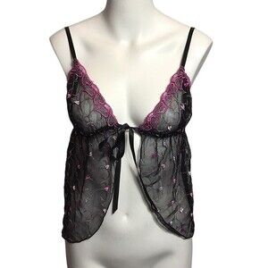 Vintage Black‎ and pink hearts lace & mesh lingerie cami top